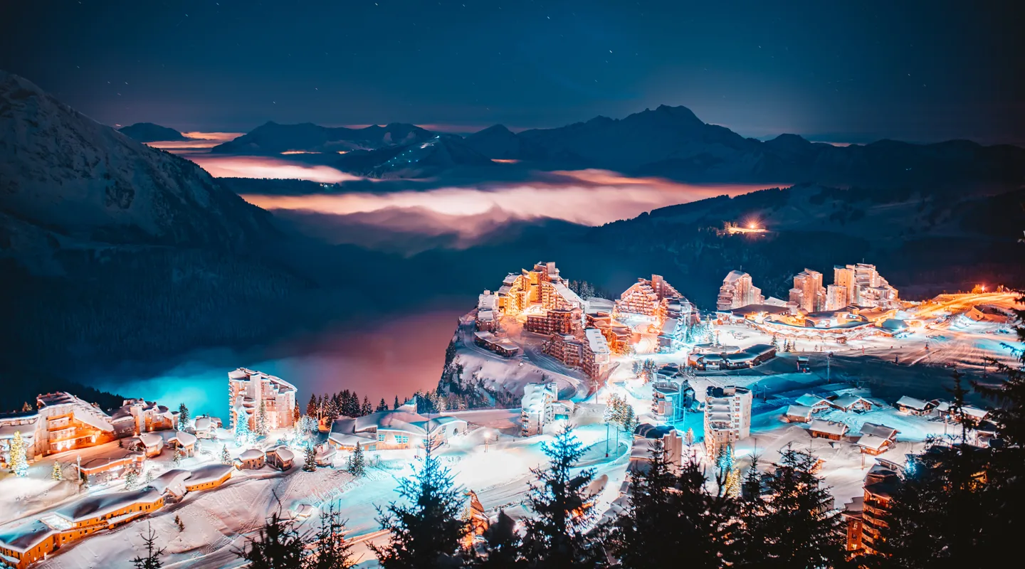 Ski resort in the French Alps at night